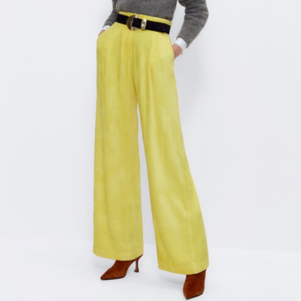 Uterque yellow chenille pleated high waist wide leg pants
